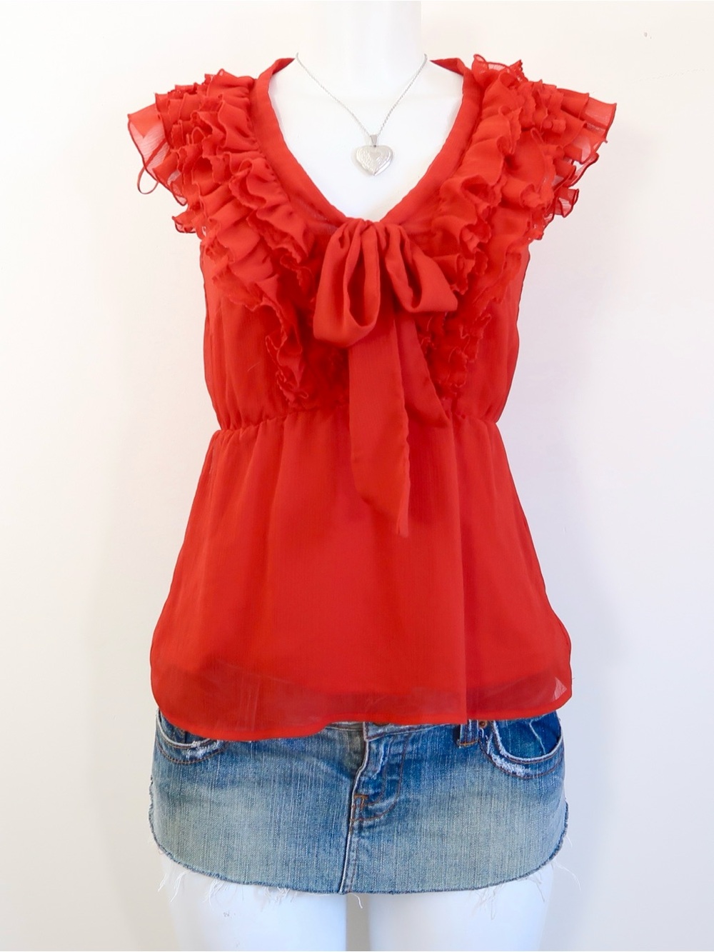 H&M Red Ruffle Tie-Front Sleeveless Blouse